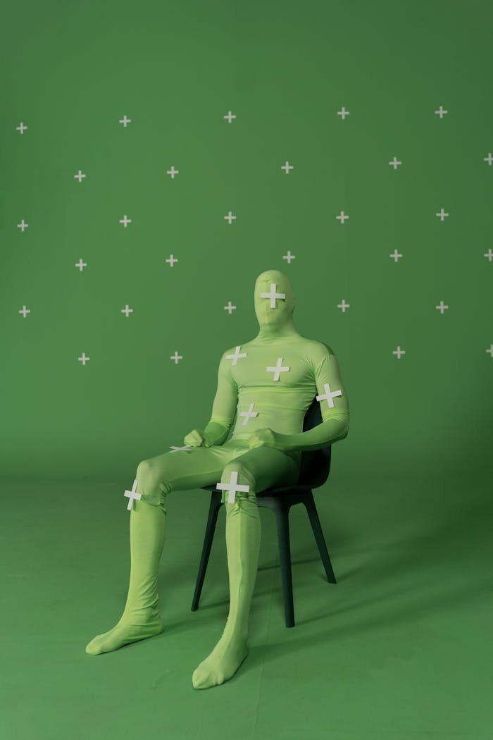 gallery-03 An individual in a green costume with visual effects markers sits on a chair, ready for CGI application.
